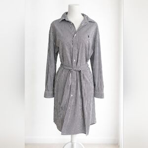 Polo Ralph Lauren Striped Shirt Dress Belted Black White Button Front Womens 14.